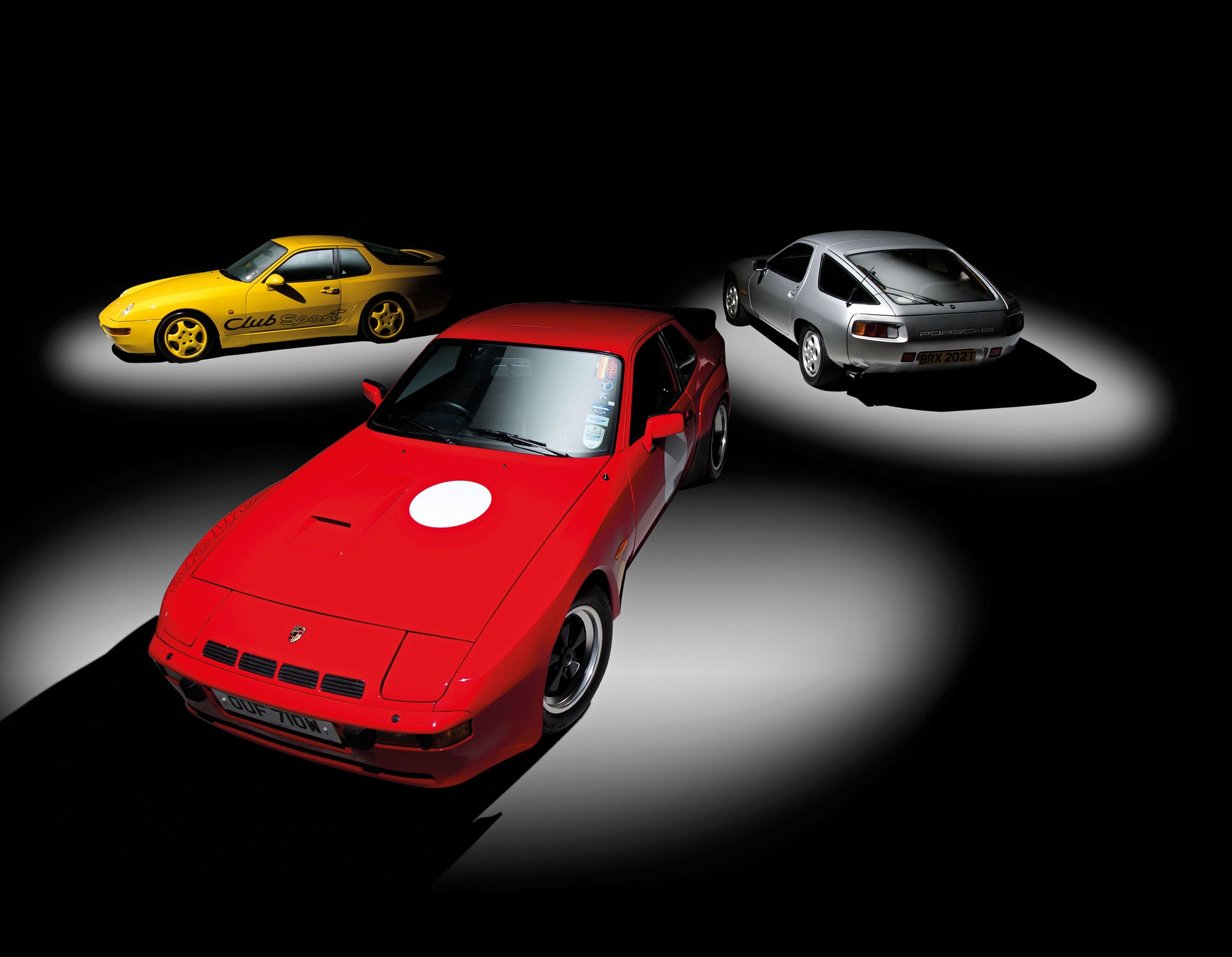 Forgotten Porsches - a red 924 Turbo, a yellow 968CS and a silver 928 S2